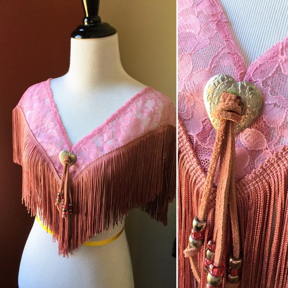 Vintage Accessories - Vintage Western Fringe lace and heart pink shawl